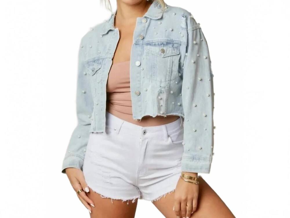 NEW PEACH LOVE pearl crop denim jacket in light wash